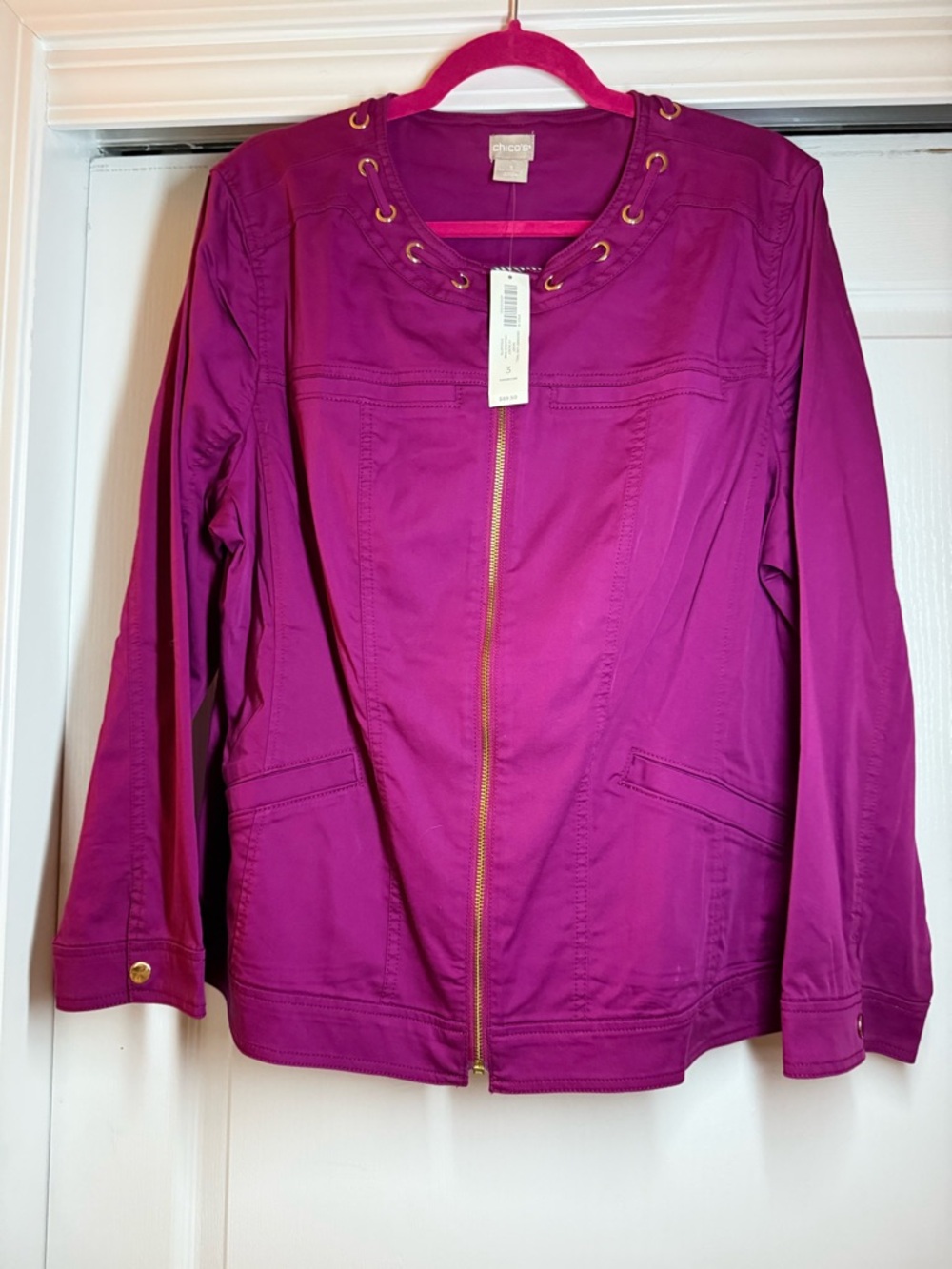 Chico's Magenta Zip-Front Utility Jacket with Grommet Detail